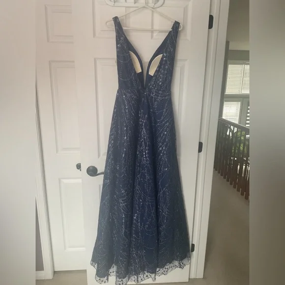 Full Length Navy Glitter Tulle and Satin Gown - Picture 2 of 16